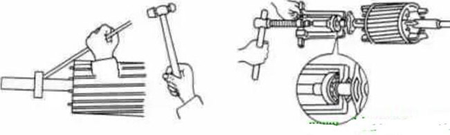 圖1-1-3使用拉拔器拆卸軸承。圖1-1-4取下軸承的絲錐